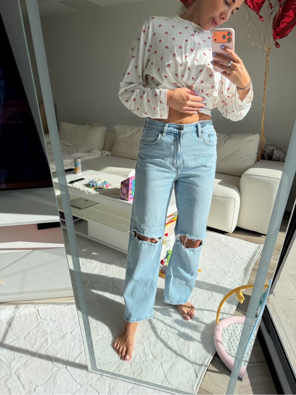 Abercrombie & Fitch Light Blue High-Rise Straight Leg Jeans with Knee Rips